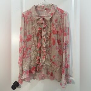 Free People Floral Lace Blouse - Pink and Cream